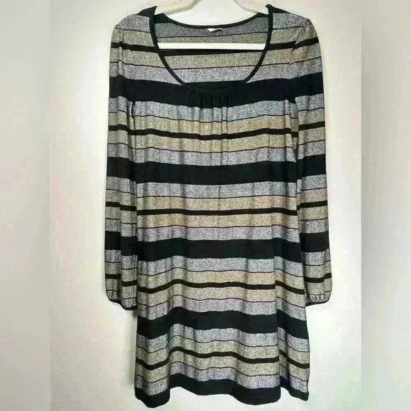 Three Dots Silver Gold Black Metallic Stripe Long Sleeve Dress Size Small - Picture 4 of 14